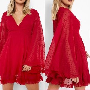 Boohoo DOBBY CHIFFON WIDE SLEEVE SKATER DRESS